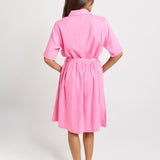 Palm Linen Blend Shirt Dress - Pink/Teal Stripe