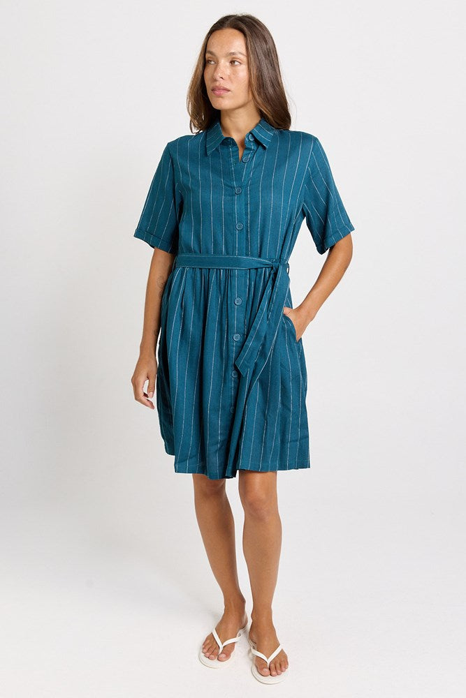Palm Shirt Dress - Teal/White Stripe | Betty Basics