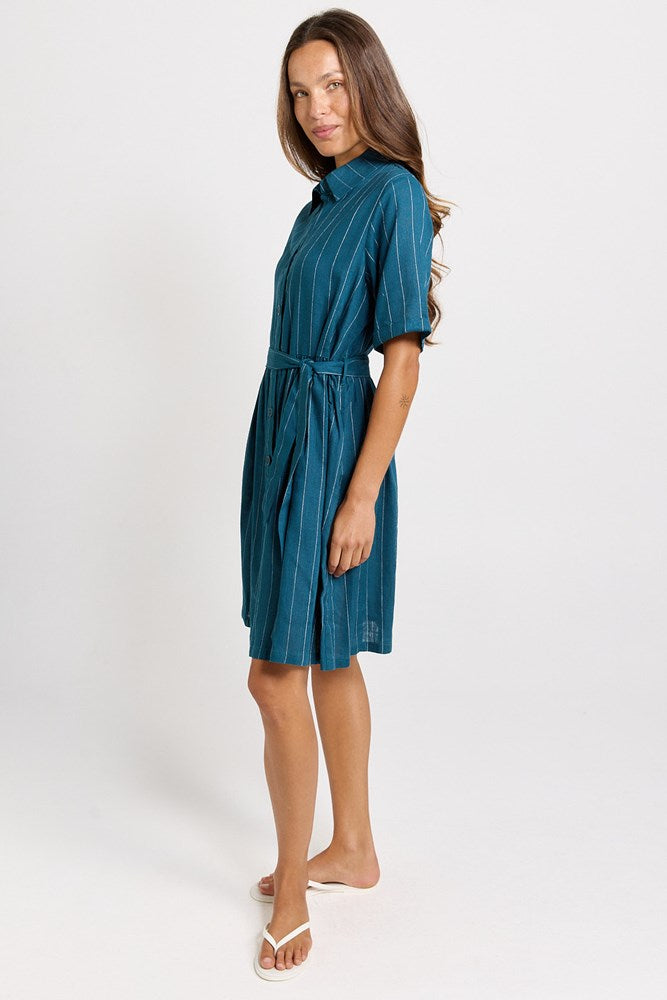 Palm Shirt Dress - Teal/White Stripe | Betty Basics