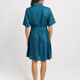 Palm Linen Blend Shirt Dress - Teal/White Stripe