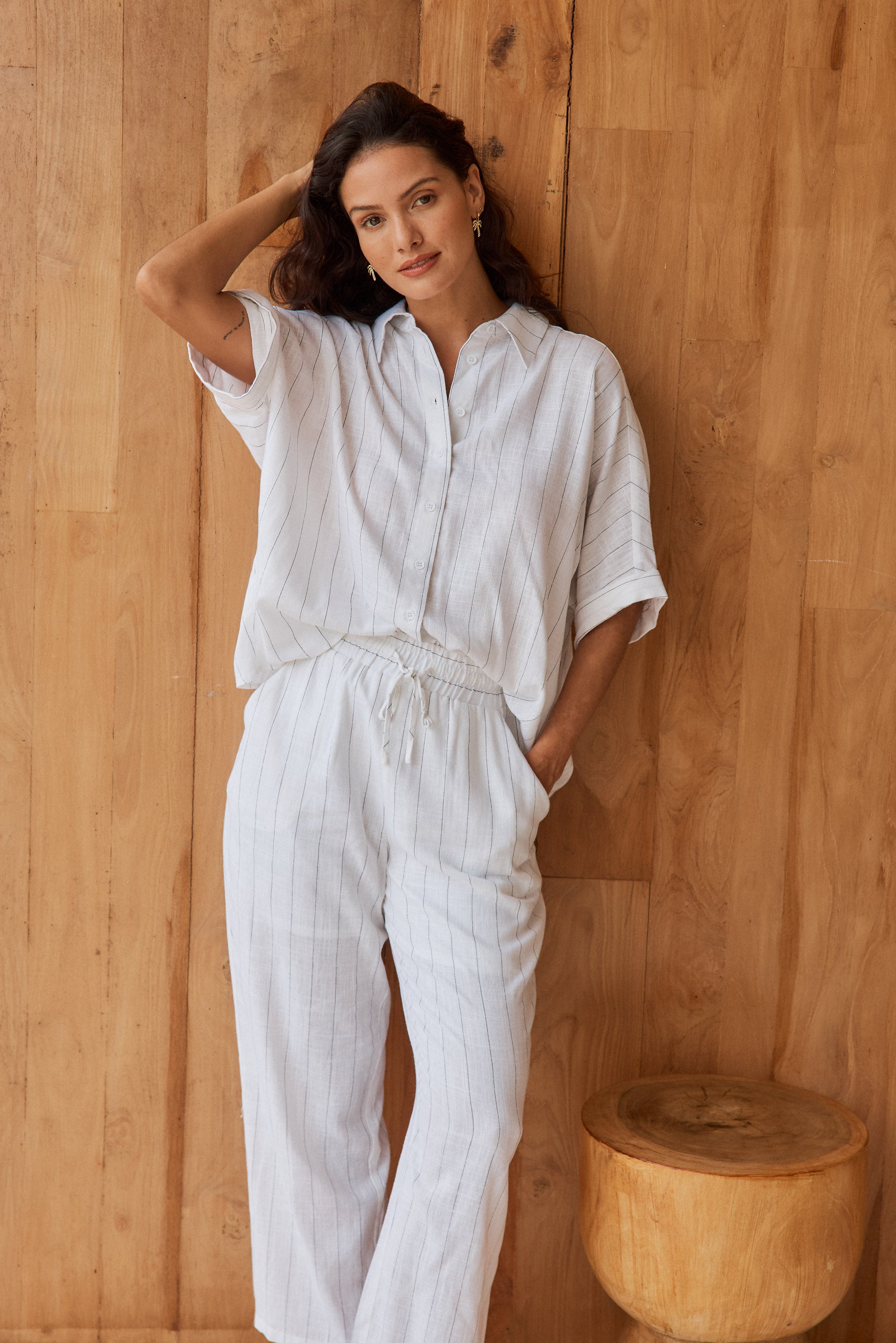 Palm Linen Blend Relax Pants - White/Black Stripe