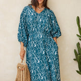 Bella Linen Blend Midi Dress - Teal Petal Print