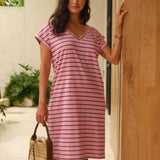 Zena Cotton T-Shirt Dress - Pink/Chocolate Stripe
