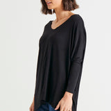 Kyoto V-Neck Loose Stretchy Basic Tee - Black