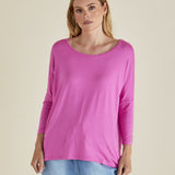 Milan Stretchy Draped Relaxed 3/4 Sleeve Basic Top - Winter Pink