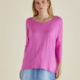 Milan Stretchy Draped Relaxed 3/4 Sleeve Basic Top - Winter Pink