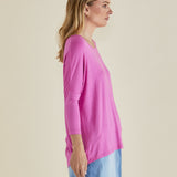 Milan Stretchy Draped Relaxed 3/4 Sleeve Basic Top - Winter Pink