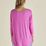 Milan Stretchy Draped Relaxed 3/4 Sleeve Basic Top - Winter Pink