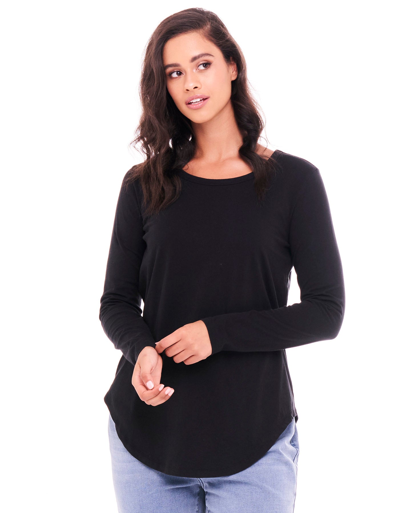 Megan Long Sleeve Cotton Basic Top - Black