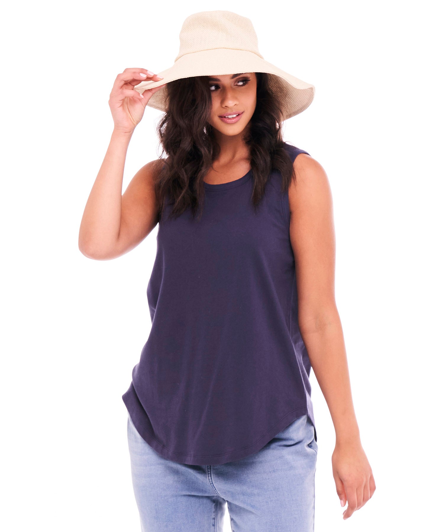 Keira Relaxed Scoop Neck Long Cotton Basic Tank - Navy