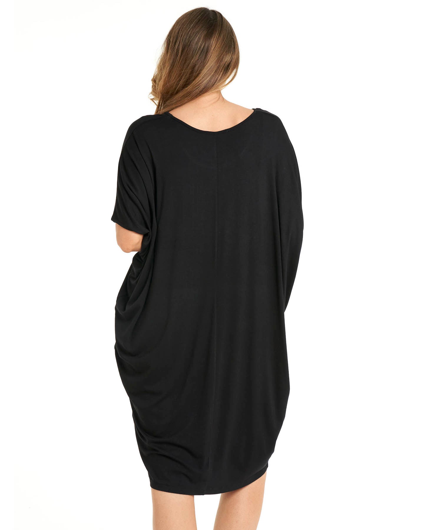 Maui Relaxed Draped Knee-Length T-Shirt Dress - Black