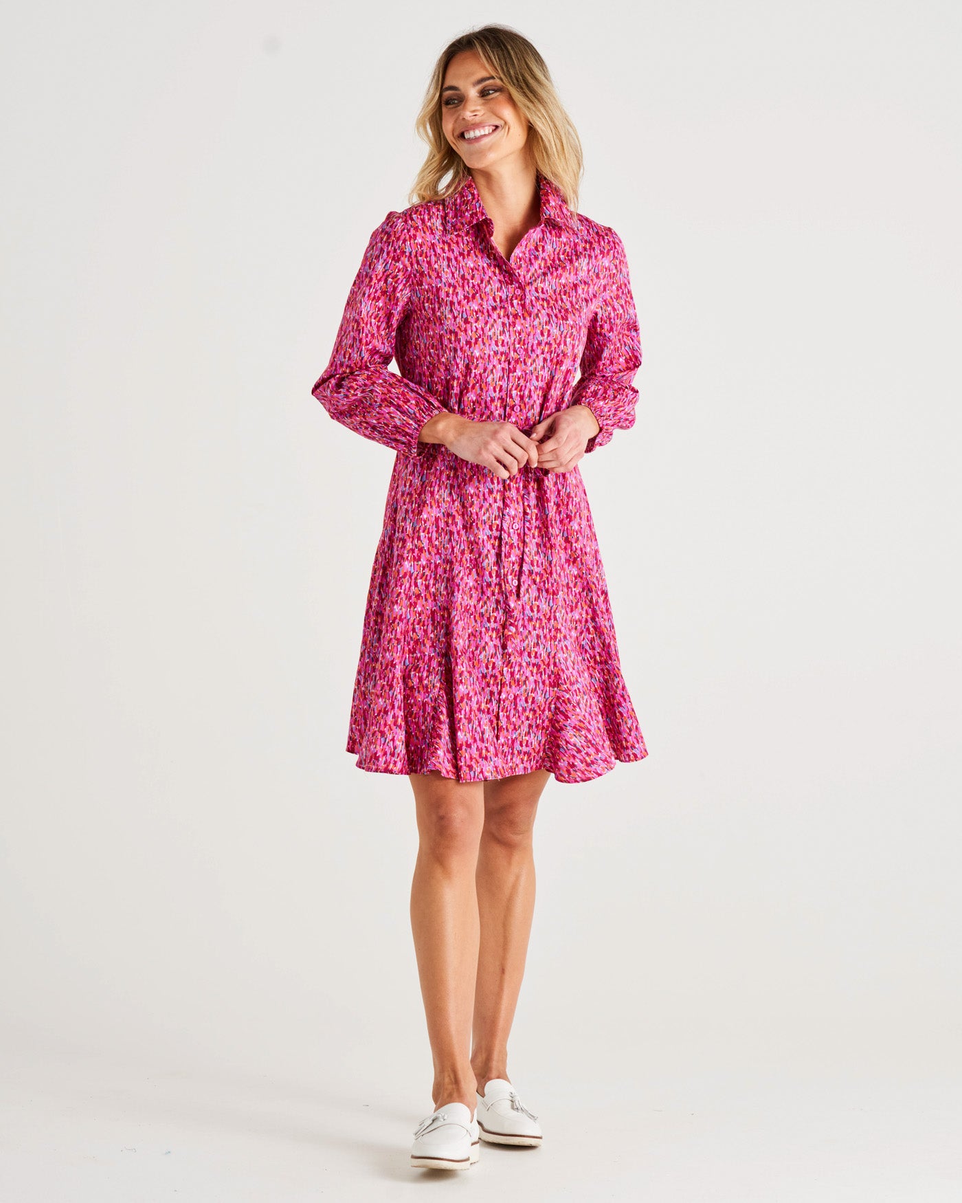 Jada Relaxed Fit Button Up Cotton Shirt Dress - Multi Colour Pink Print