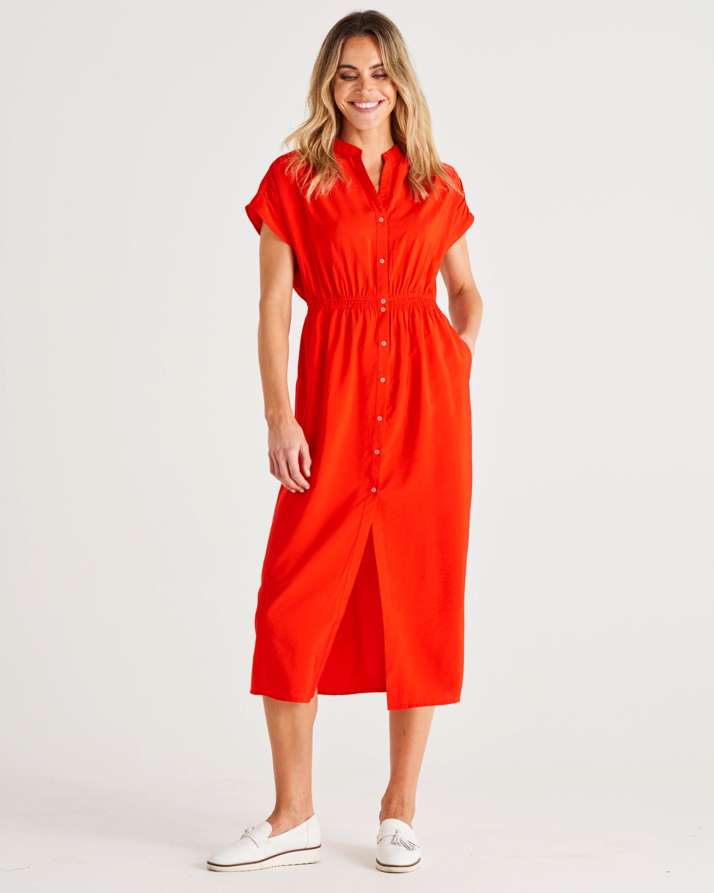 Simone V-Neckline Button Up Midi Dress - Cherry Tomato