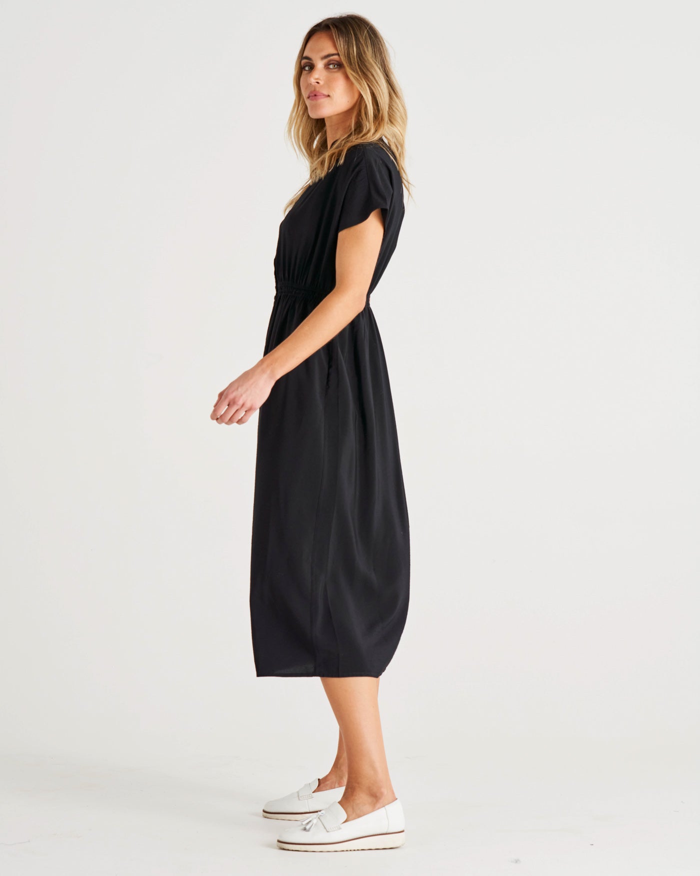Simone V-Neckline Button Up Midi Dress - Black