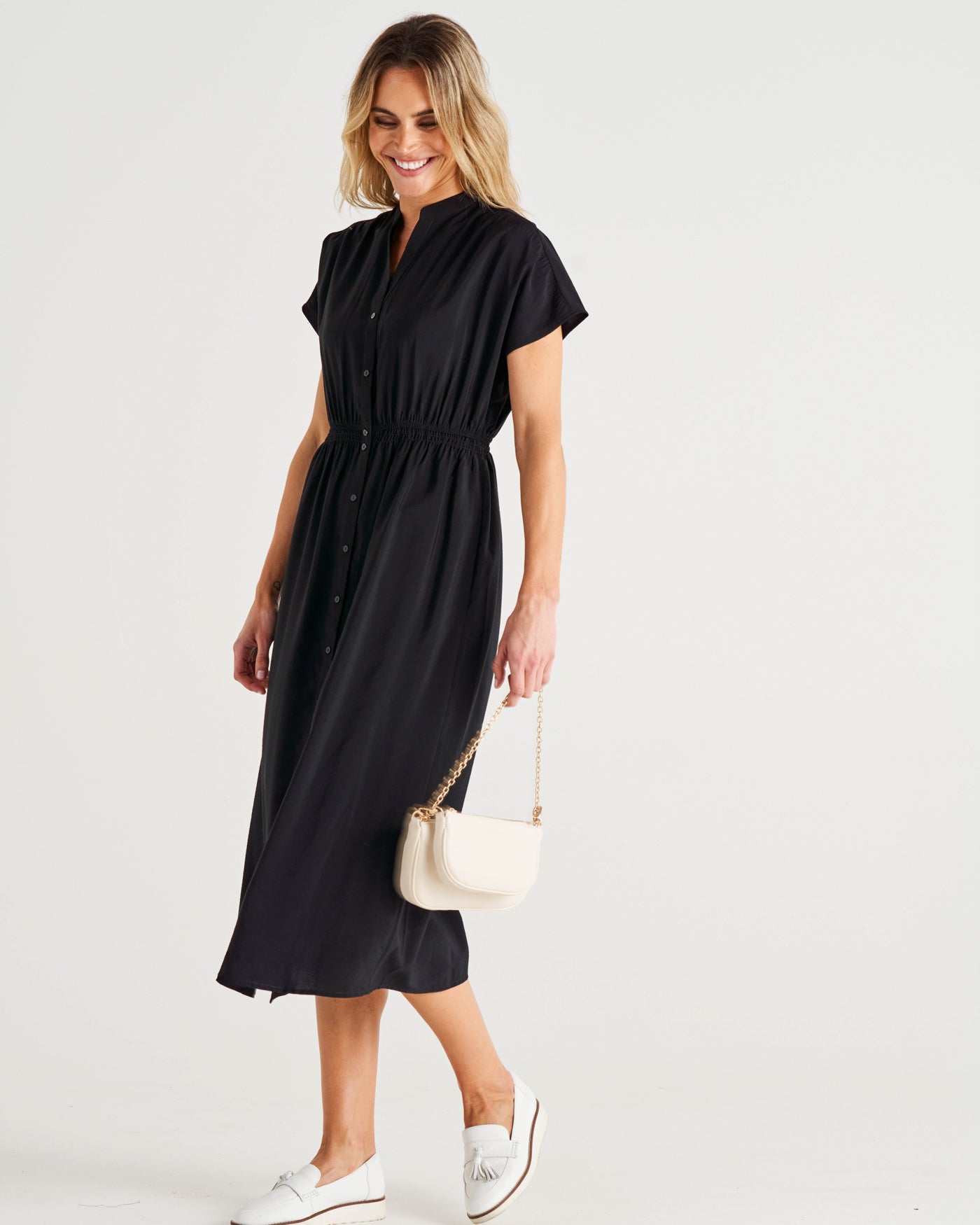 Simone V-Neckline Button Up Midi Dress - Black