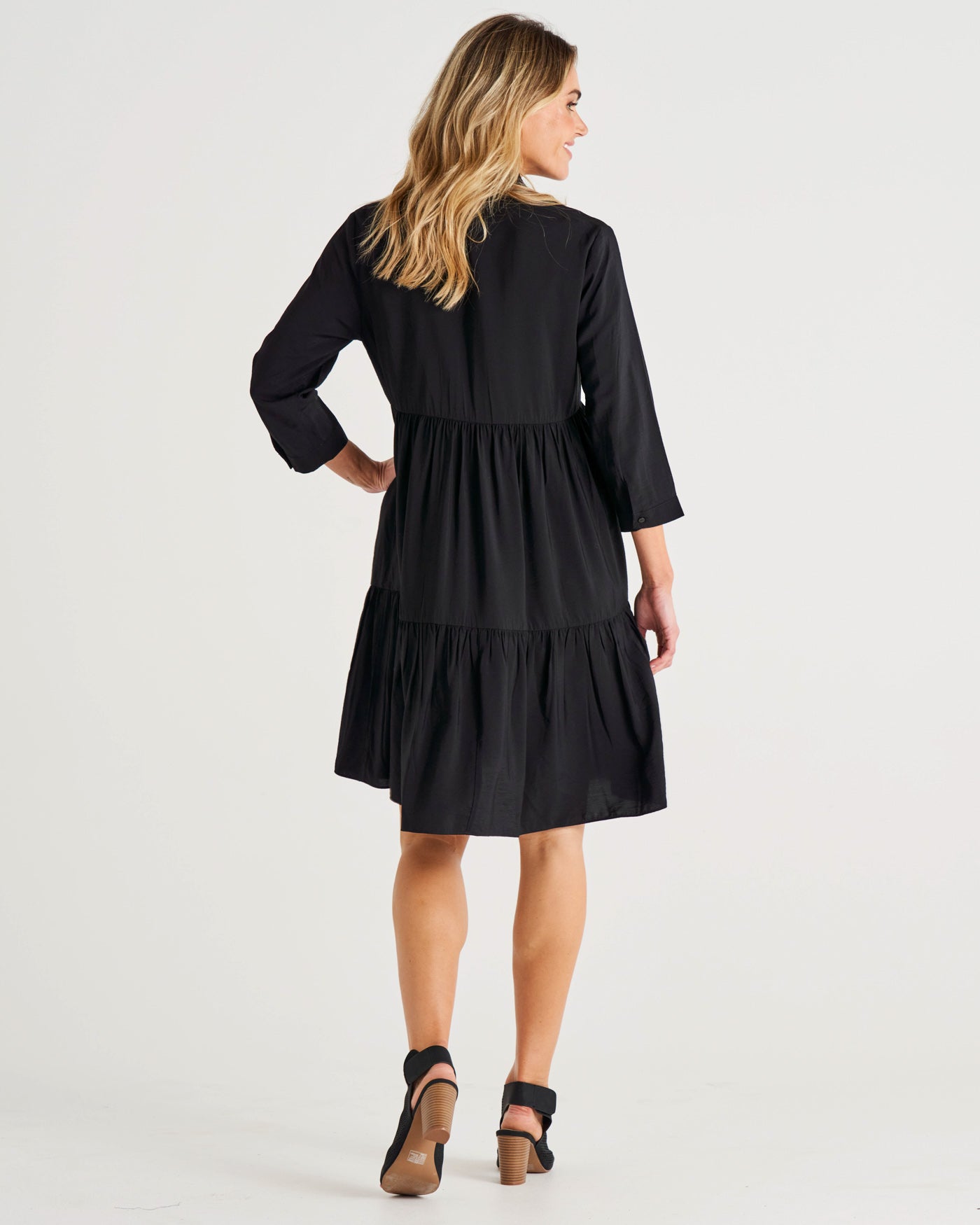 Georgiana 3/4 Sleeve Tiered Dress - Black