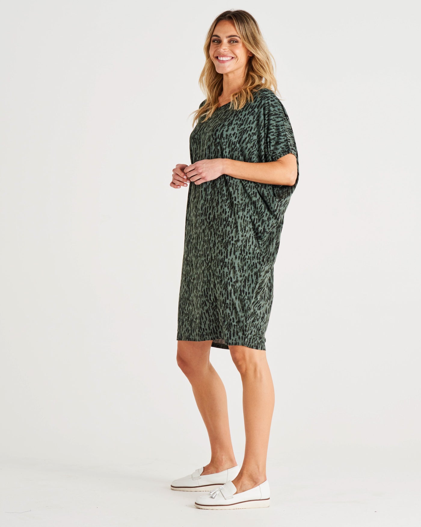 Maui Relaxed Drape Knee-Length T-Shirt Dress - Abstract Green Print
