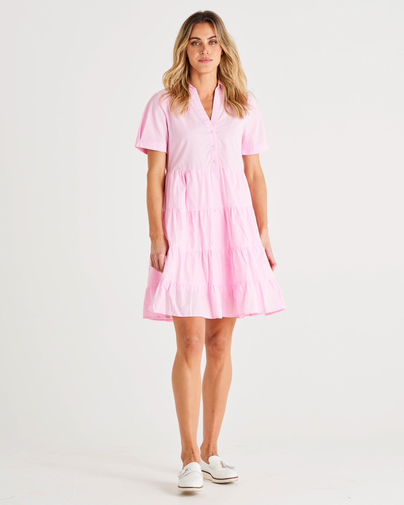 Estelle Tiered Mini Cotton Shirt Dress - Blush Pink