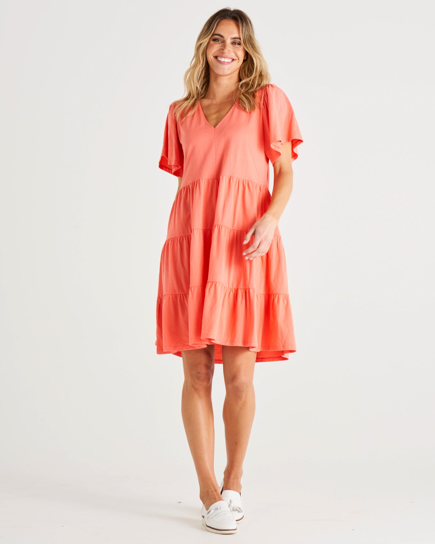 Cressida V-Neck Relaxed Cotton Dress - Coral