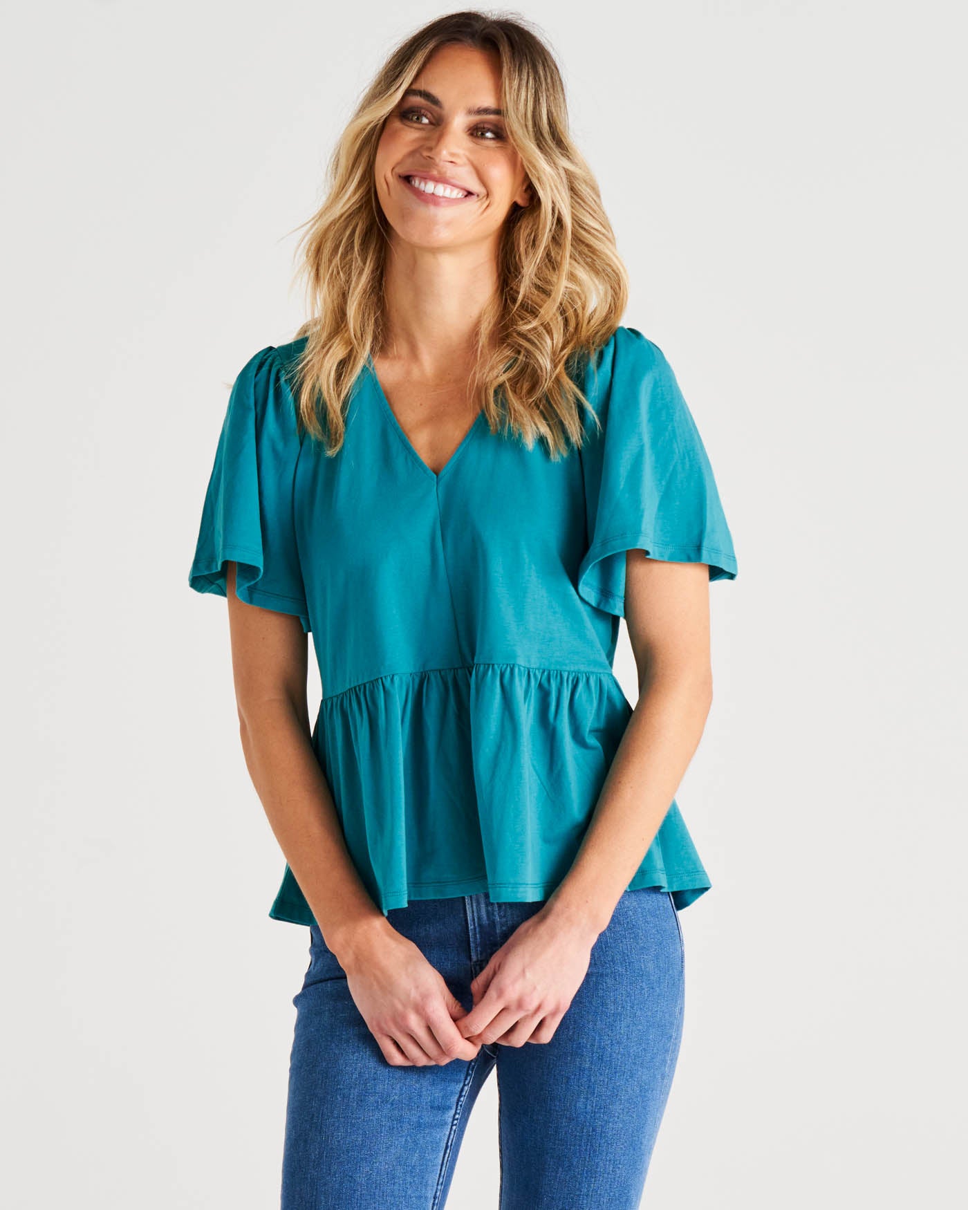 Celia Relaxed Flutter Sleeves Cotton Tee - Deep Sea Turquoise