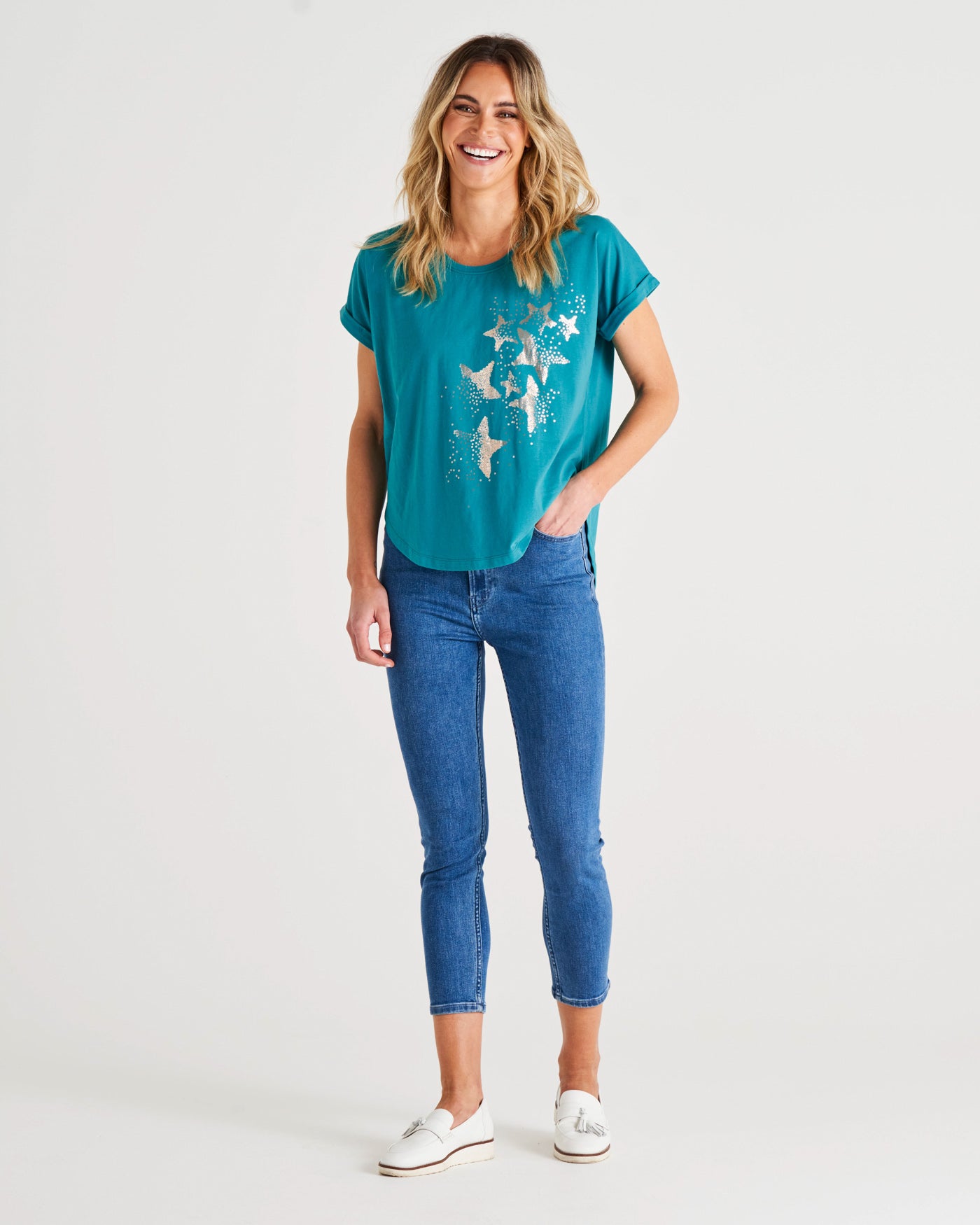 Bondi Relaxed Fit Cotton Printed Tee - Forest Print Turquoise