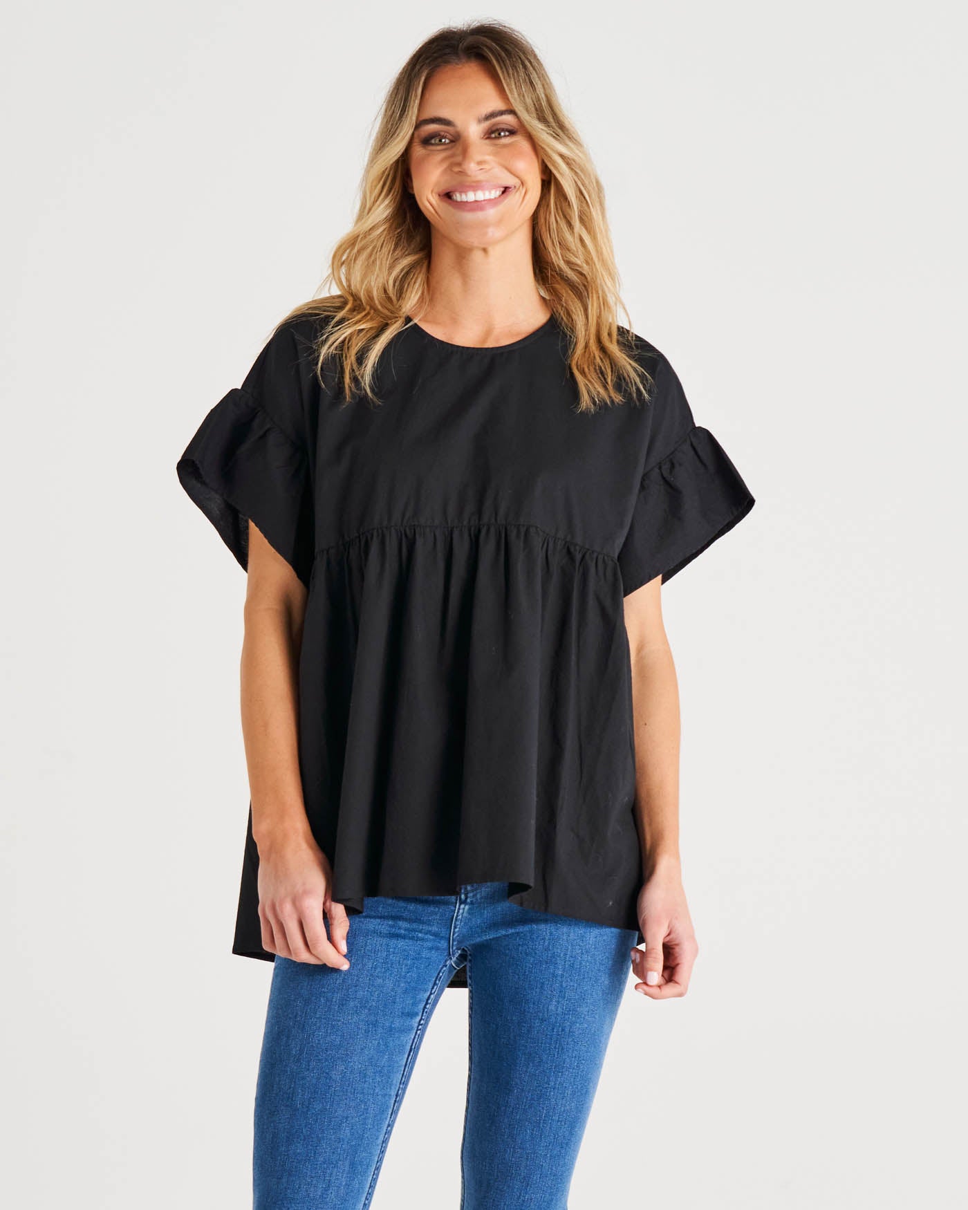 Jameson Relaxed Frill Sleeve Cotton Blouse - Black