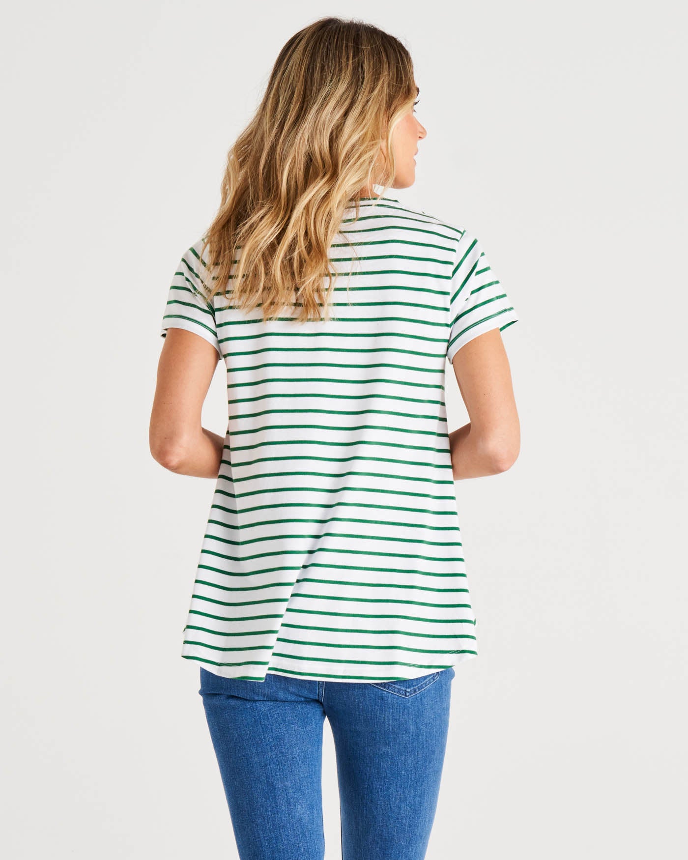 Tegan Relaxed Fit Swing Basic Cotton Tee - Meadow Green Stripe