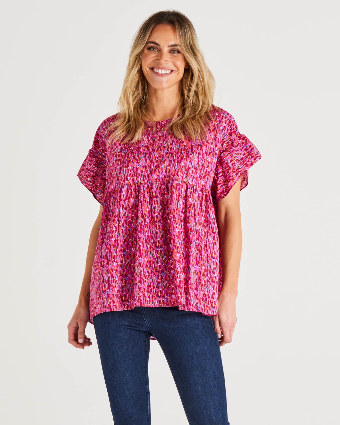 Jameson Relaxed Frill Sleeve Cotton Blouse - Multi Colour Pink Print