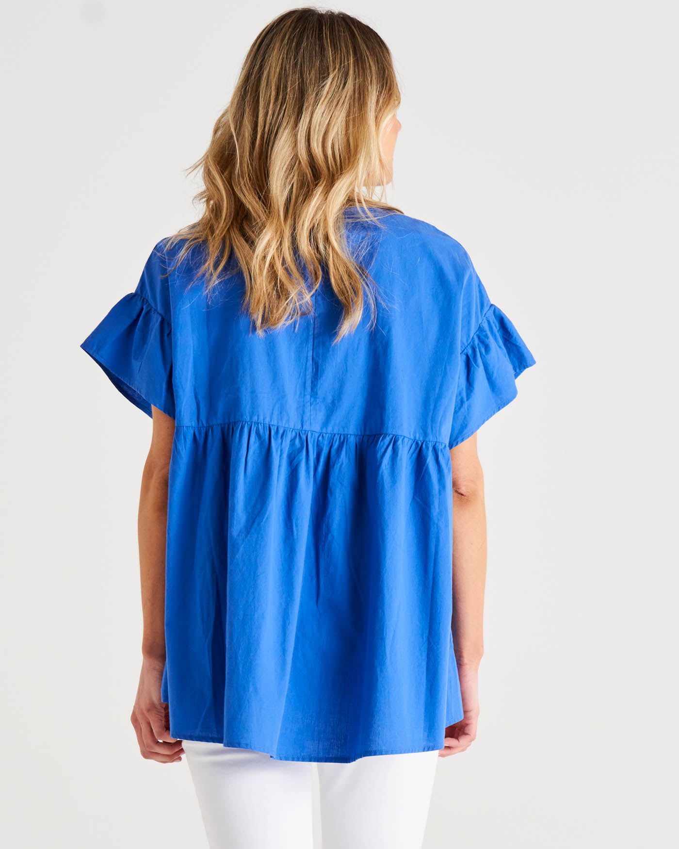 Jameson Relaxed Frill Sleeve Cotton Blouse - Iris Blue