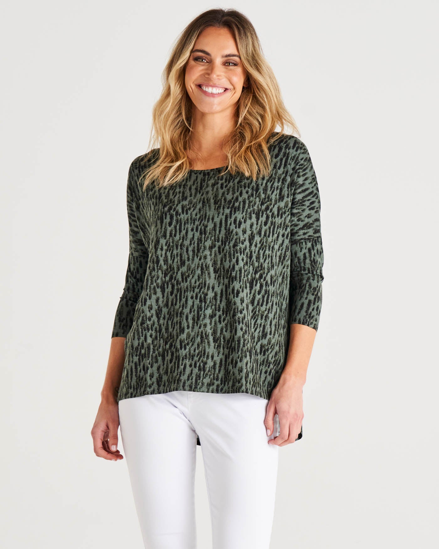 Milan Stretchy Draped Relaxed 3/4 Sleeve  Basic Top - Abstract Green Print