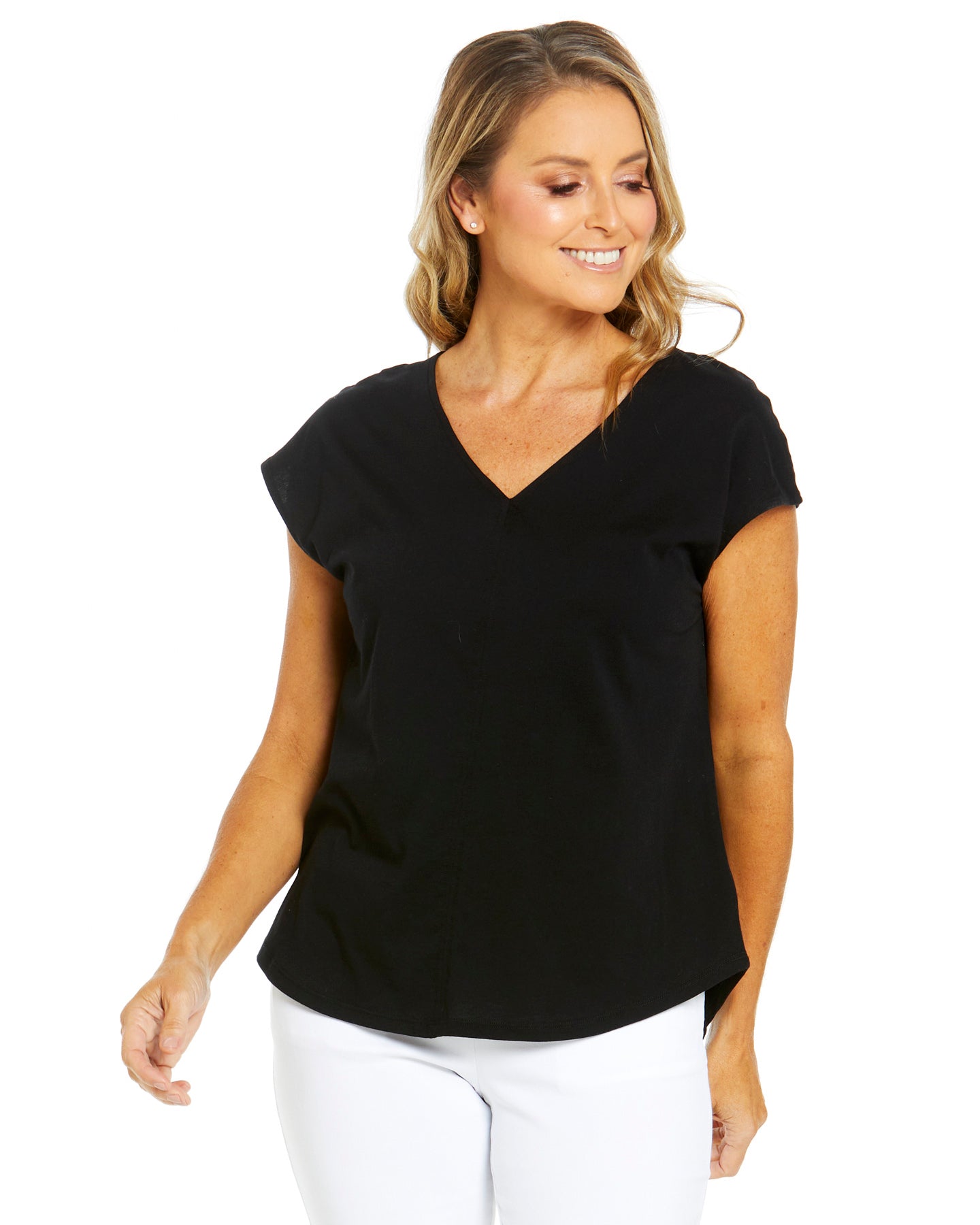 Summer Relaxed Front Seam V-Neck Basic Cotton Tee - Black