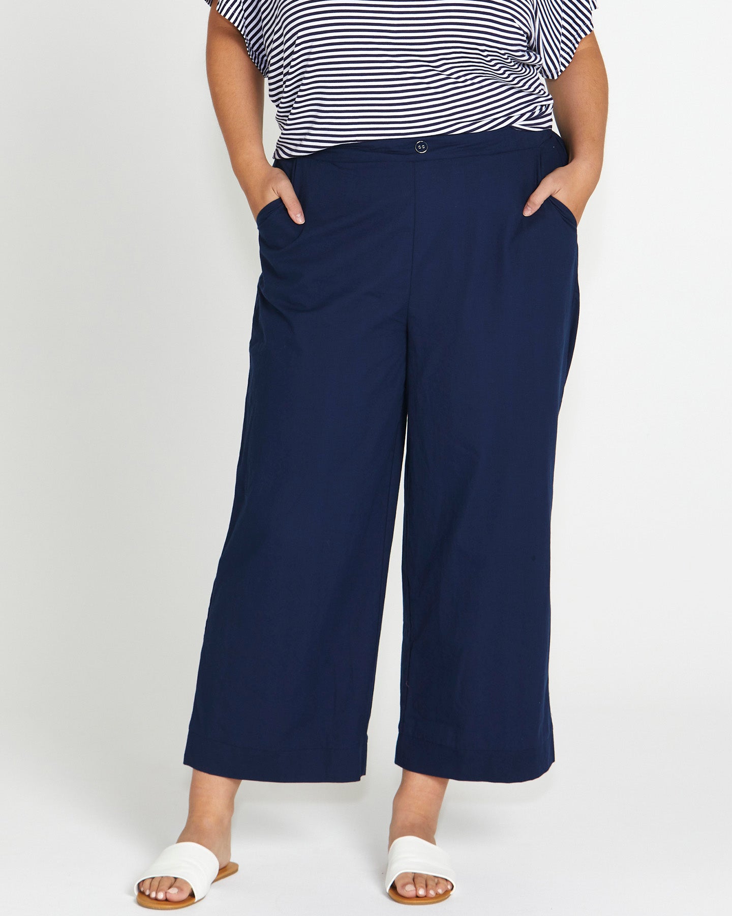 Montague High Waisted Straight Cropped Cotton Pants  - Navy