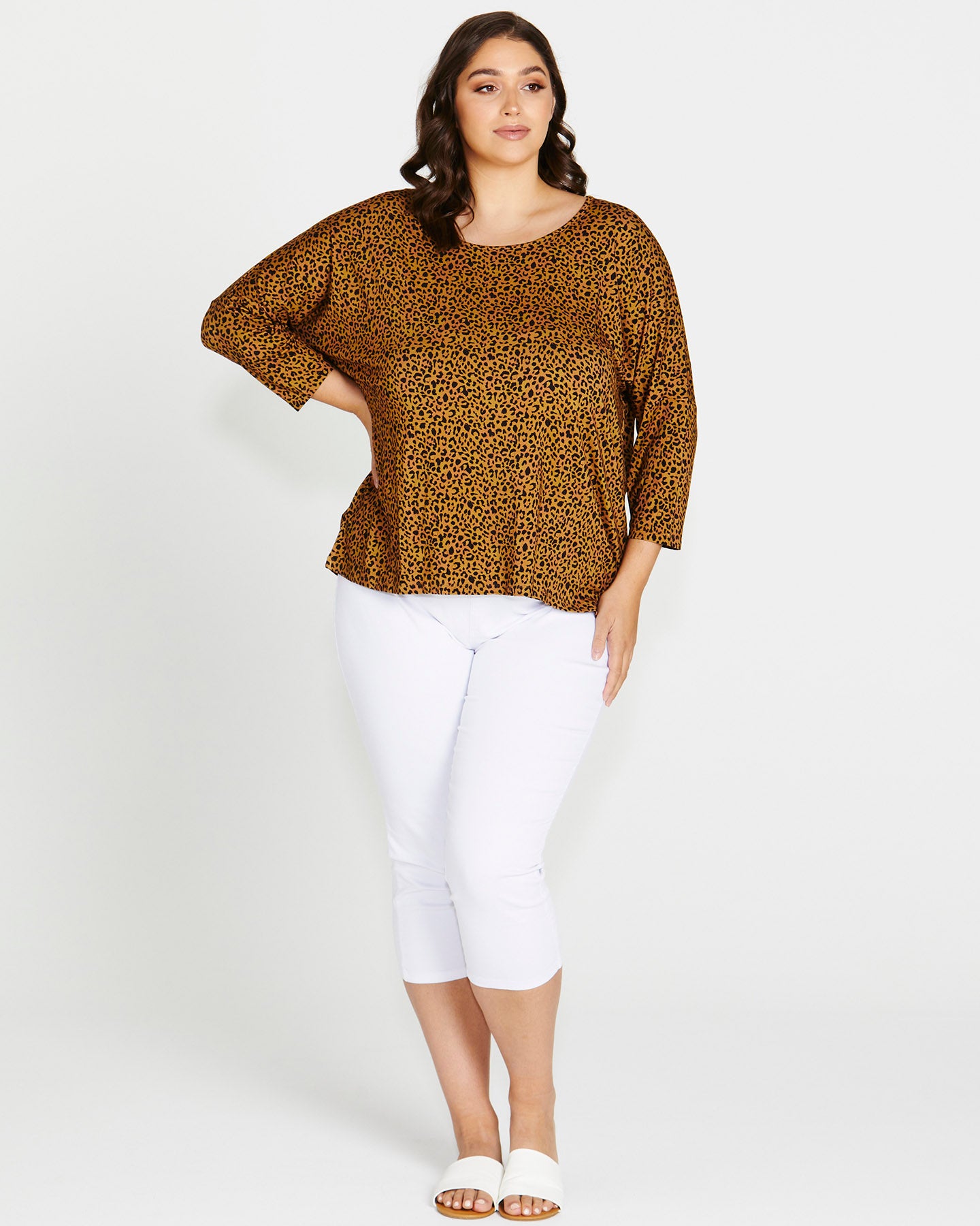 Milan Stretchy Draped Relaxed 3/4 Sleeve Basic Top - Wild Leopard Print