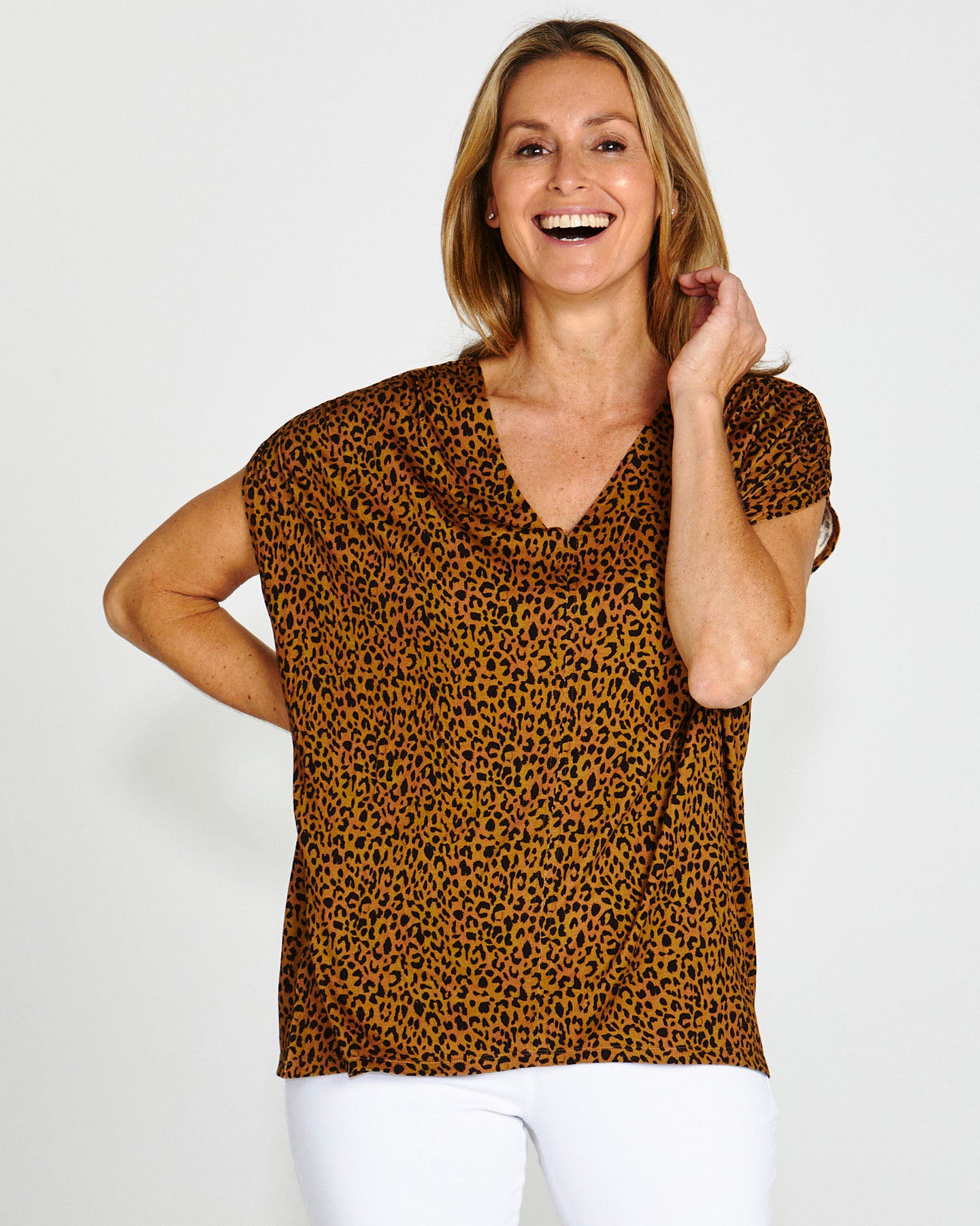 Chelsea Stretchy V-Neck Cap Sleeve Tee - Wild Leopard Print
