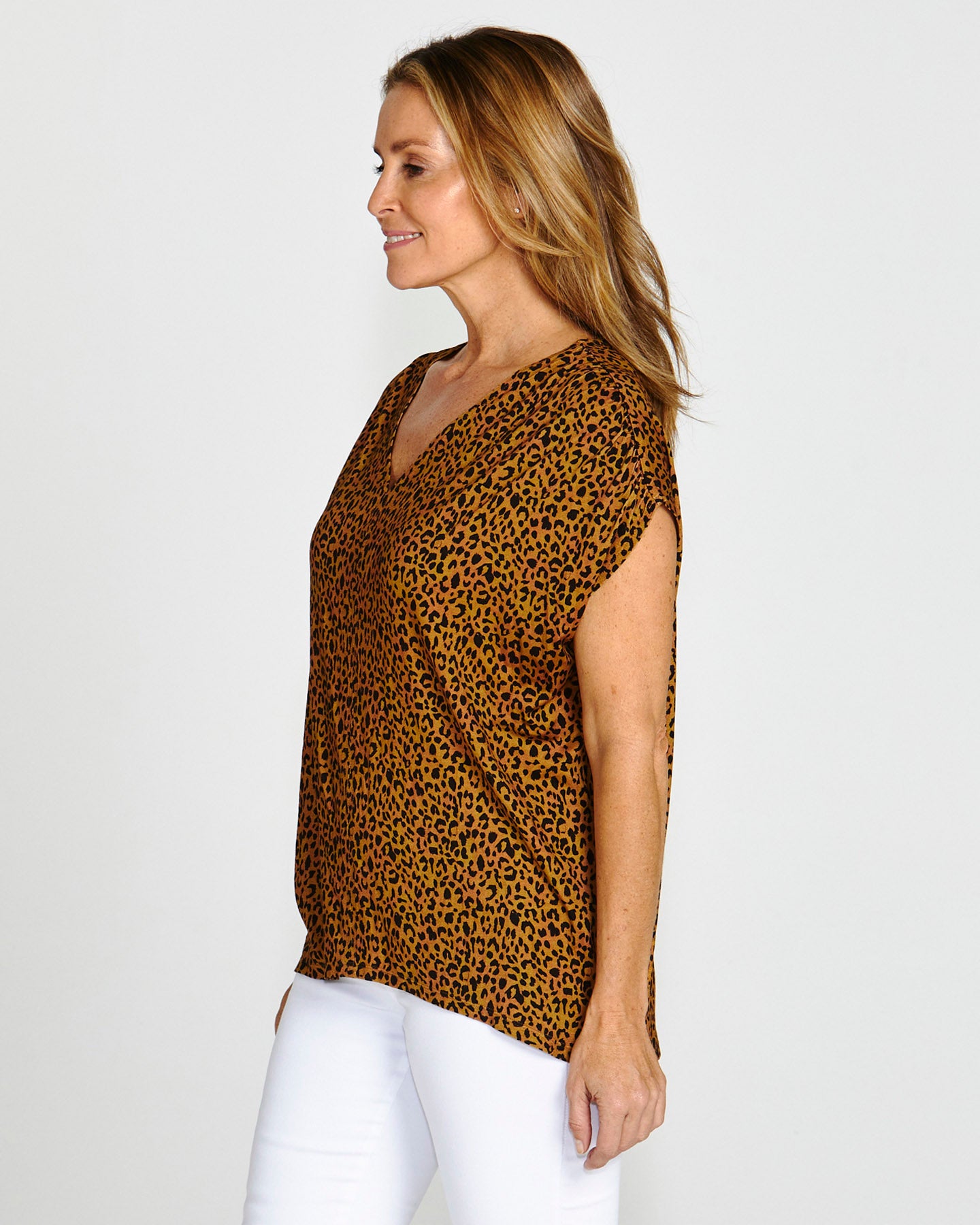 Chelsea Stretchy V-Neck Cap Sleeve Tee - Wild Leopard Print
