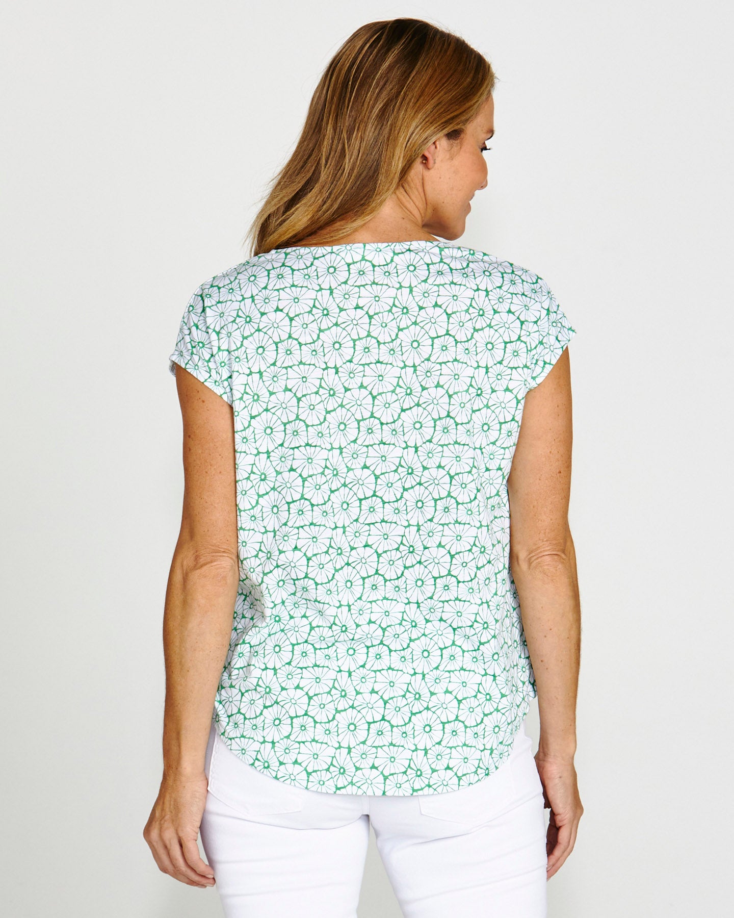 Summer Relaxed Front Seam V-Neck Basic Cotton Tee - Retro Floral Green/White