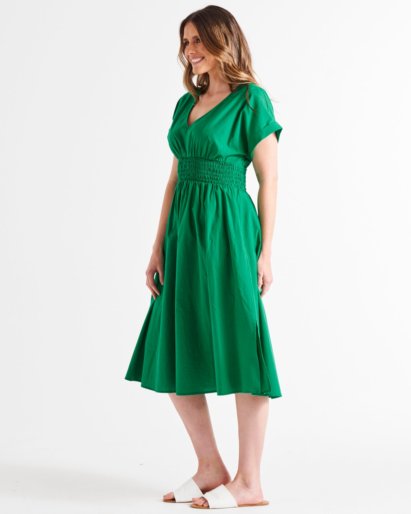 Carrie V-Neck Short Sleeve Shirred Waist Cotton Midi Dress - Holly Green