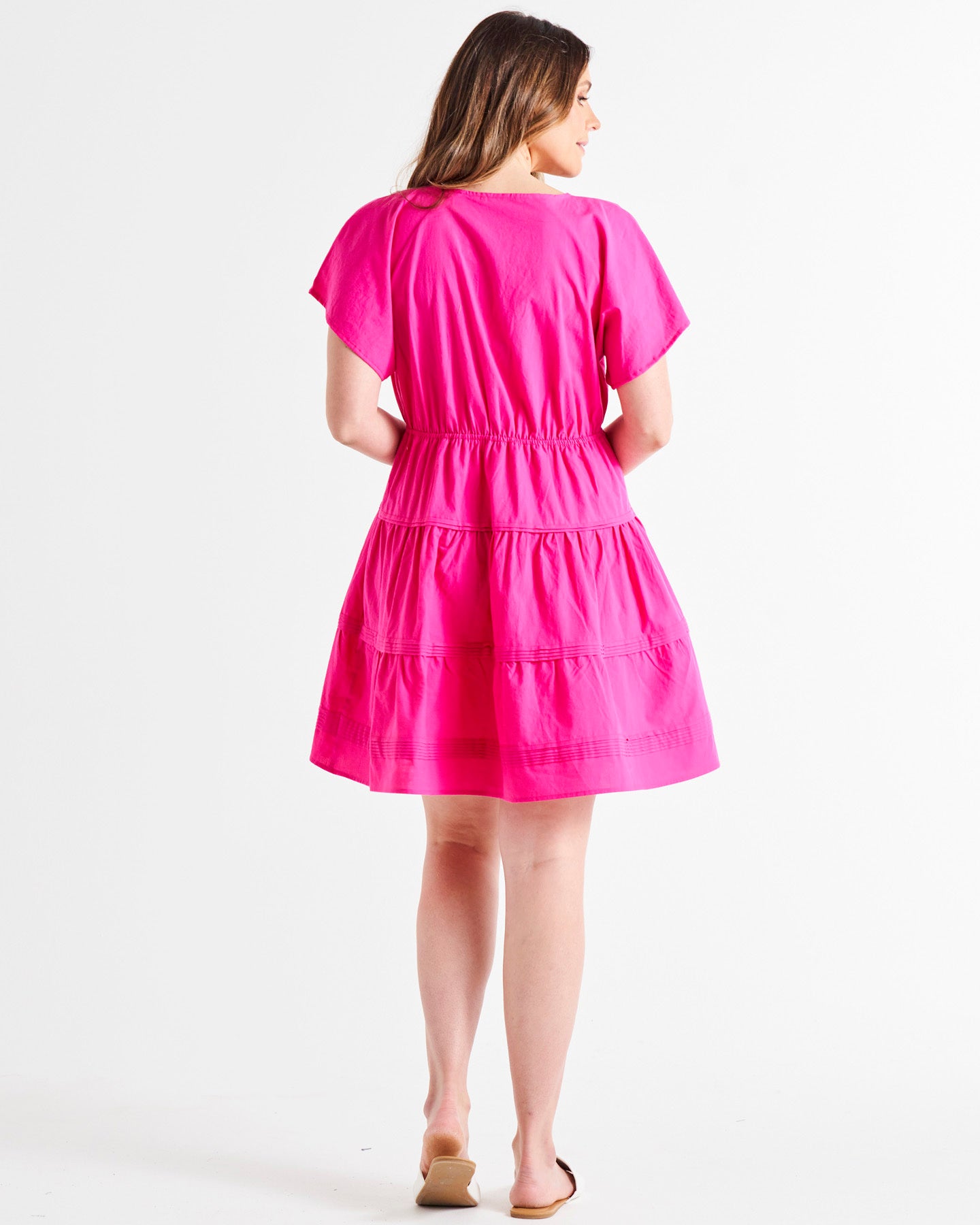 Capulet V-Neck Butterfly Sleeve Tiered Above-Knee Cotton Dress - Miami Pink