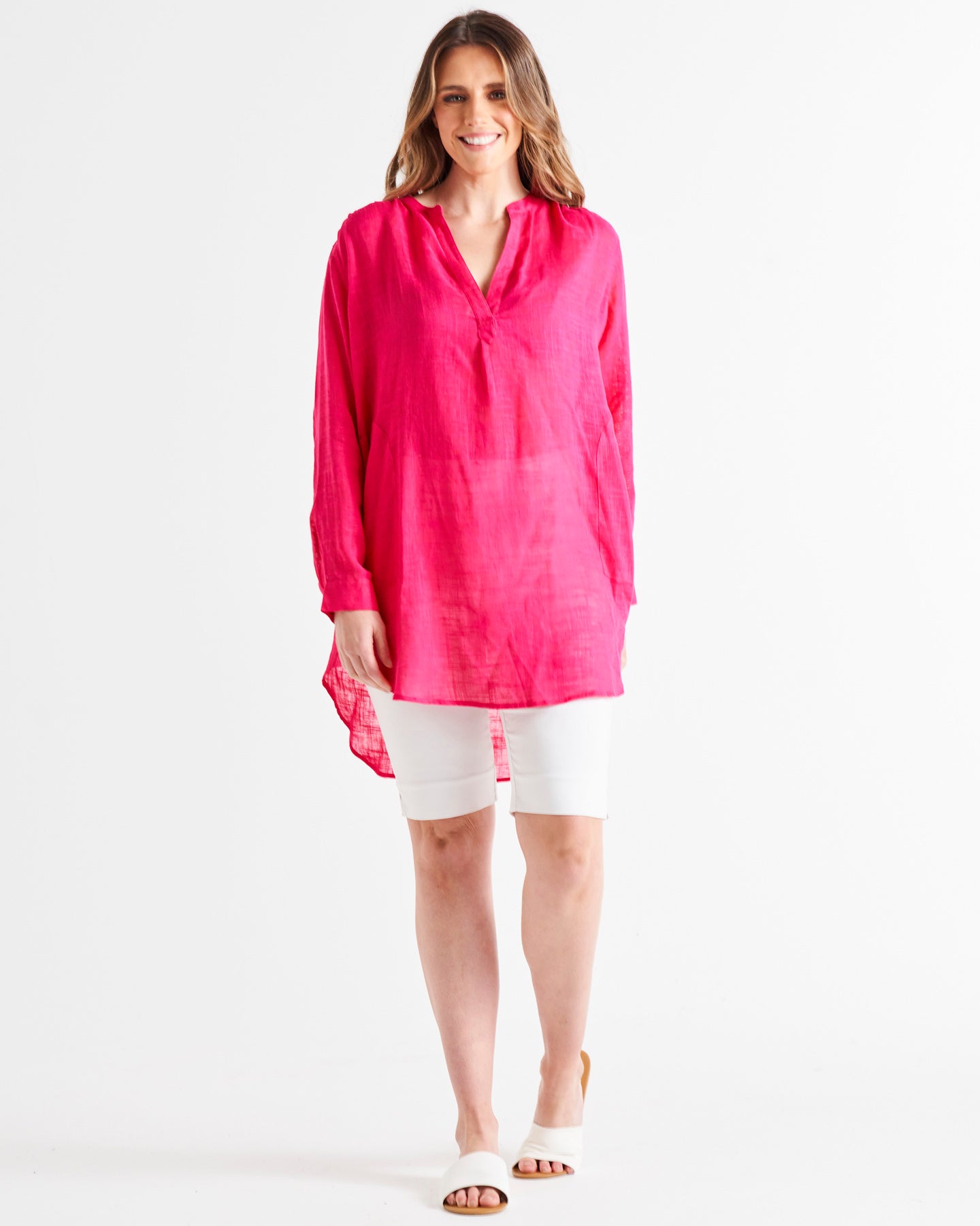 Beach Relaxed Cover-Up Linen-Blend Tunic Shirt - Berrylicious Pink