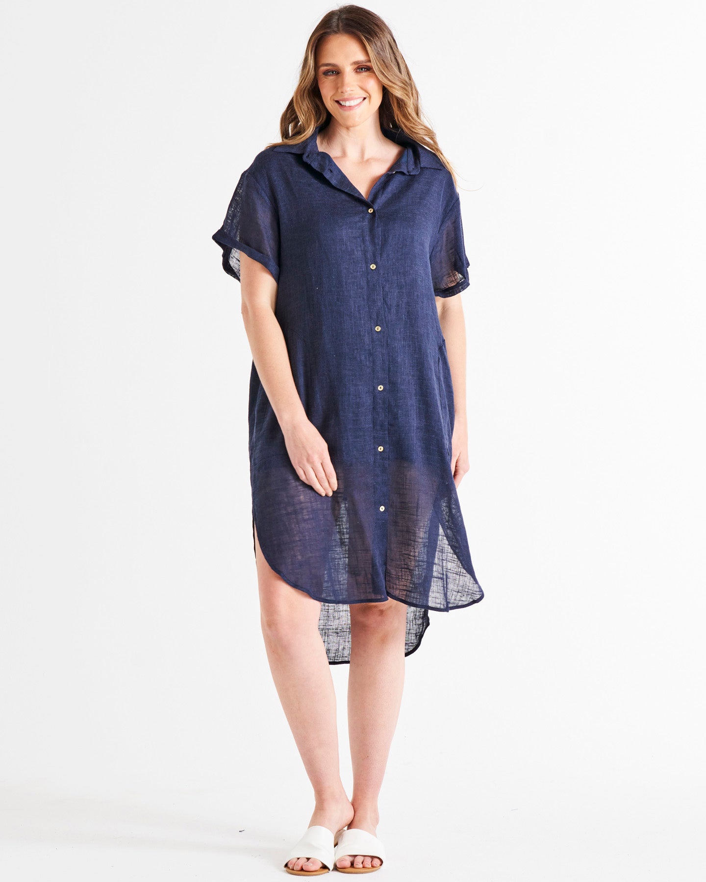 Lani Beach Cover-Up Relaxed Fit Linen Shirt Dress - Navy