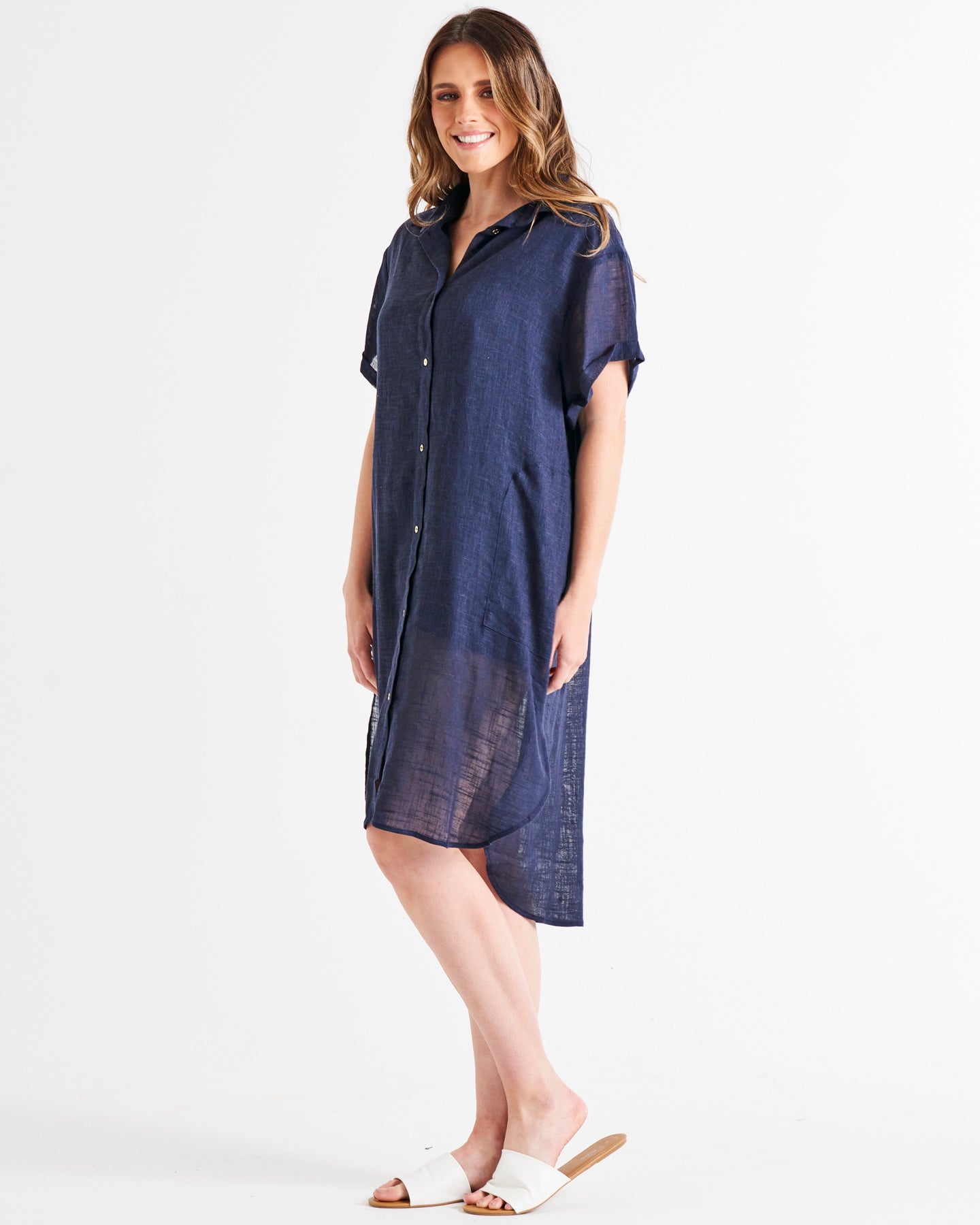 Lani Beach Cover-Up Relaxed Fit Linen Shirt Dress - Navy