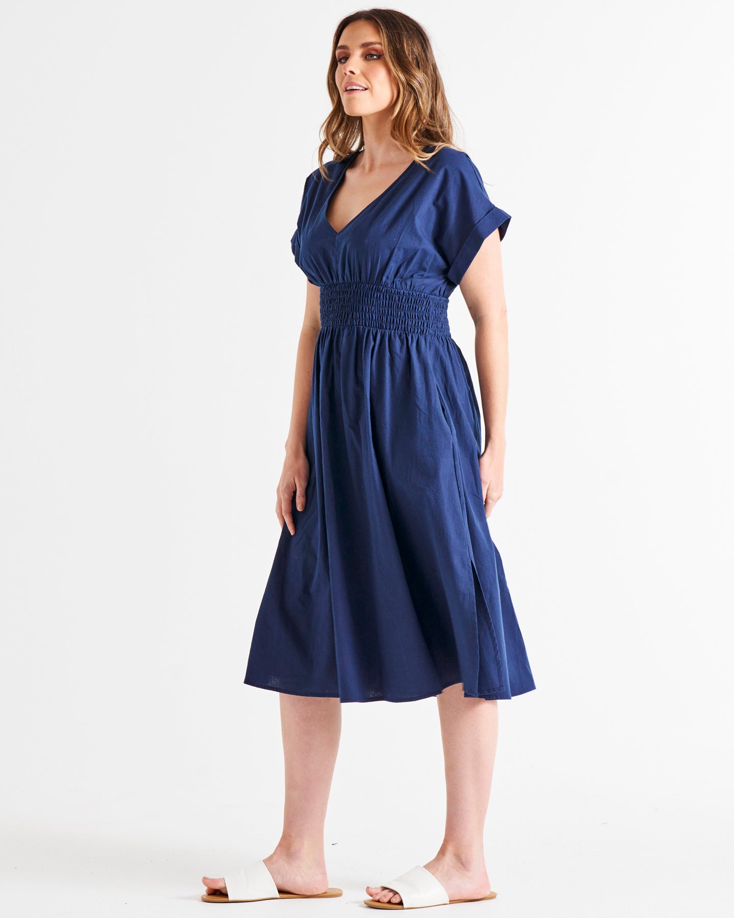 Carrie V-Neck Short Sleeve Shirred Waist Cotton Midi Dress - Navy