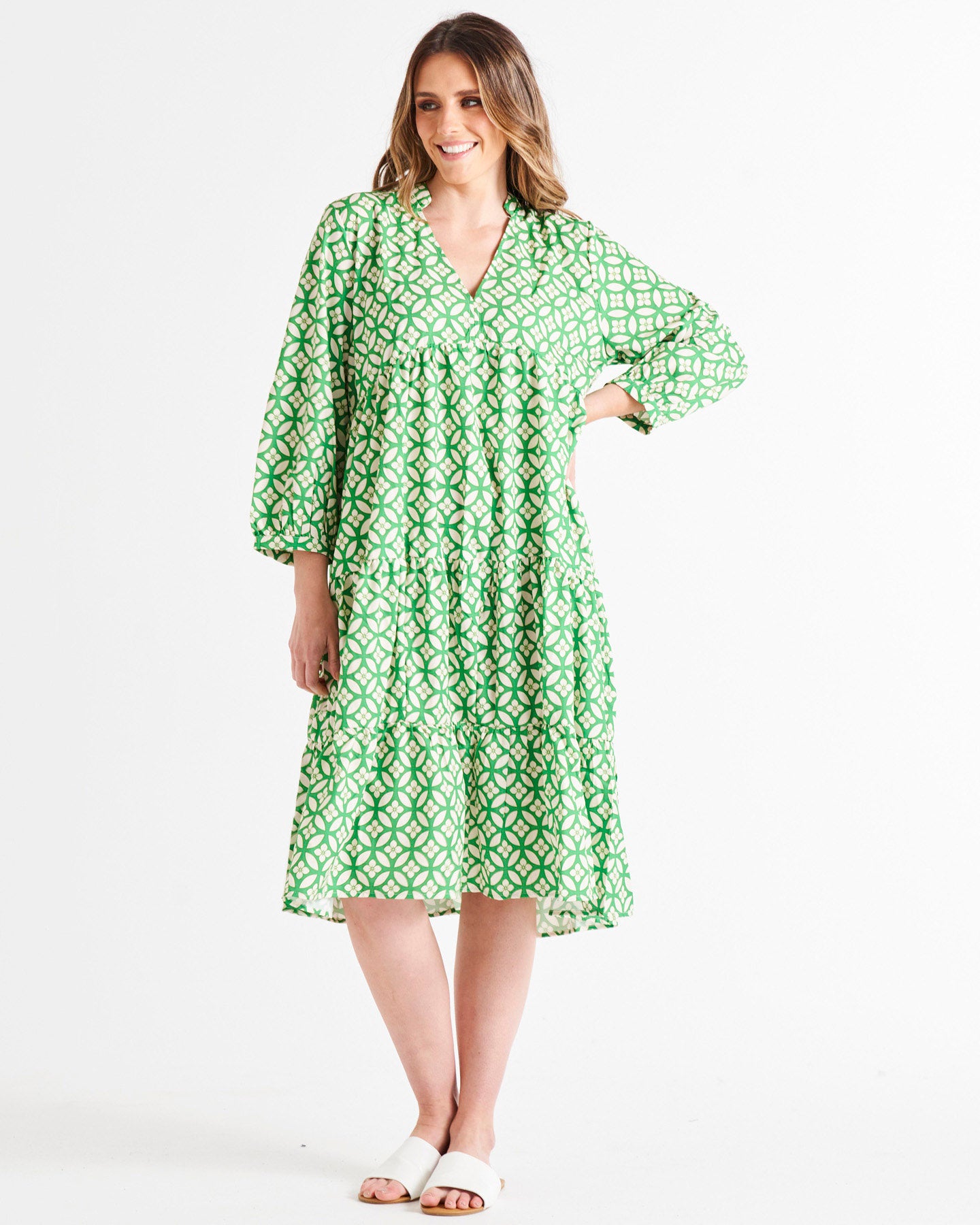 Verona Relaxed Tiered V-Neck Midi Cotton Dress - Green Geo Print