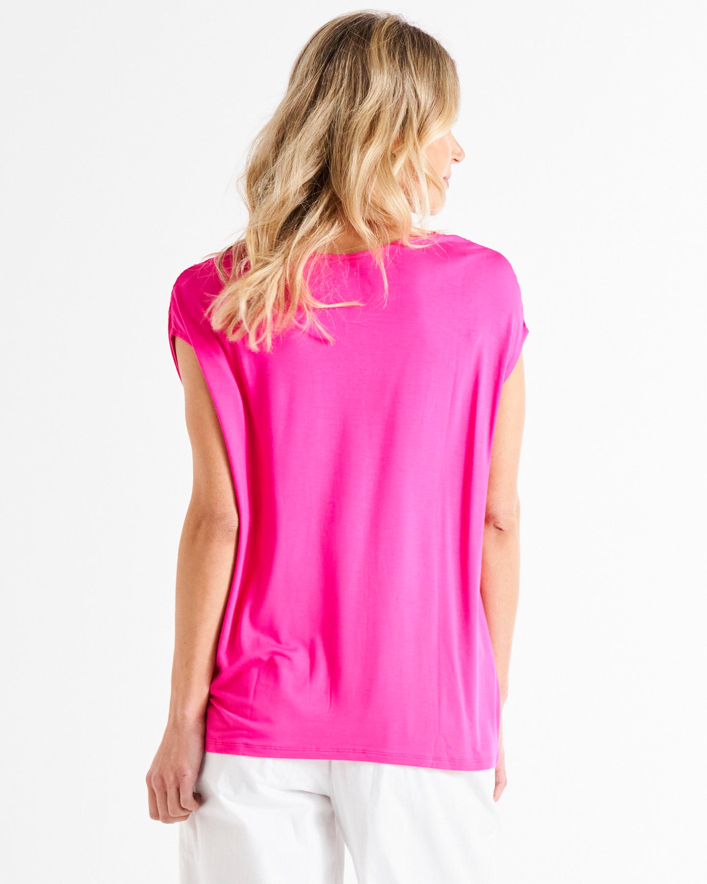 Chelsea Stretchy V-Neck Cap Sleeve Tee - Raspberry Pink