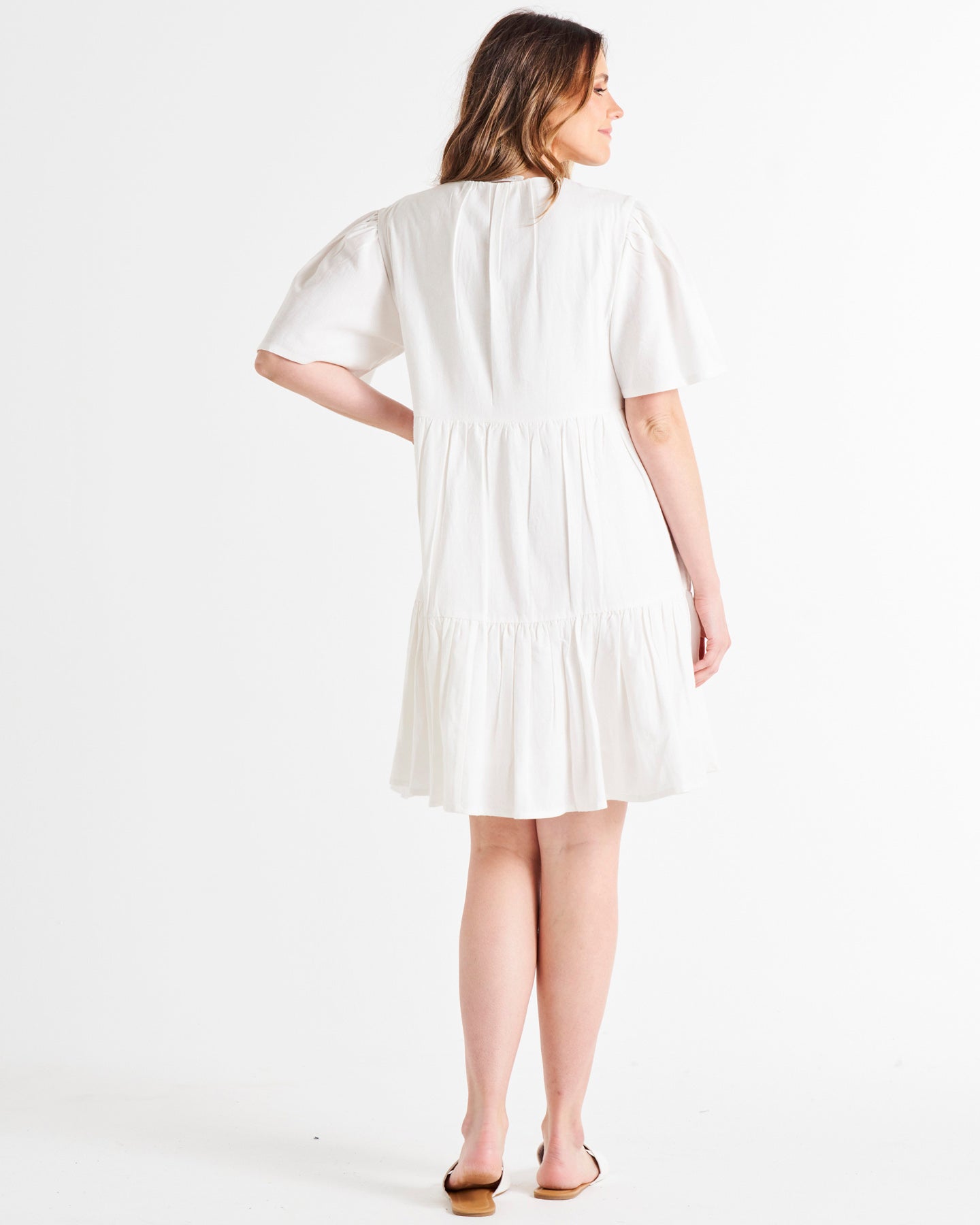 Capulet V-Neck Butterfly Sleeve Tiered Above-Knee Cotton Dress - White