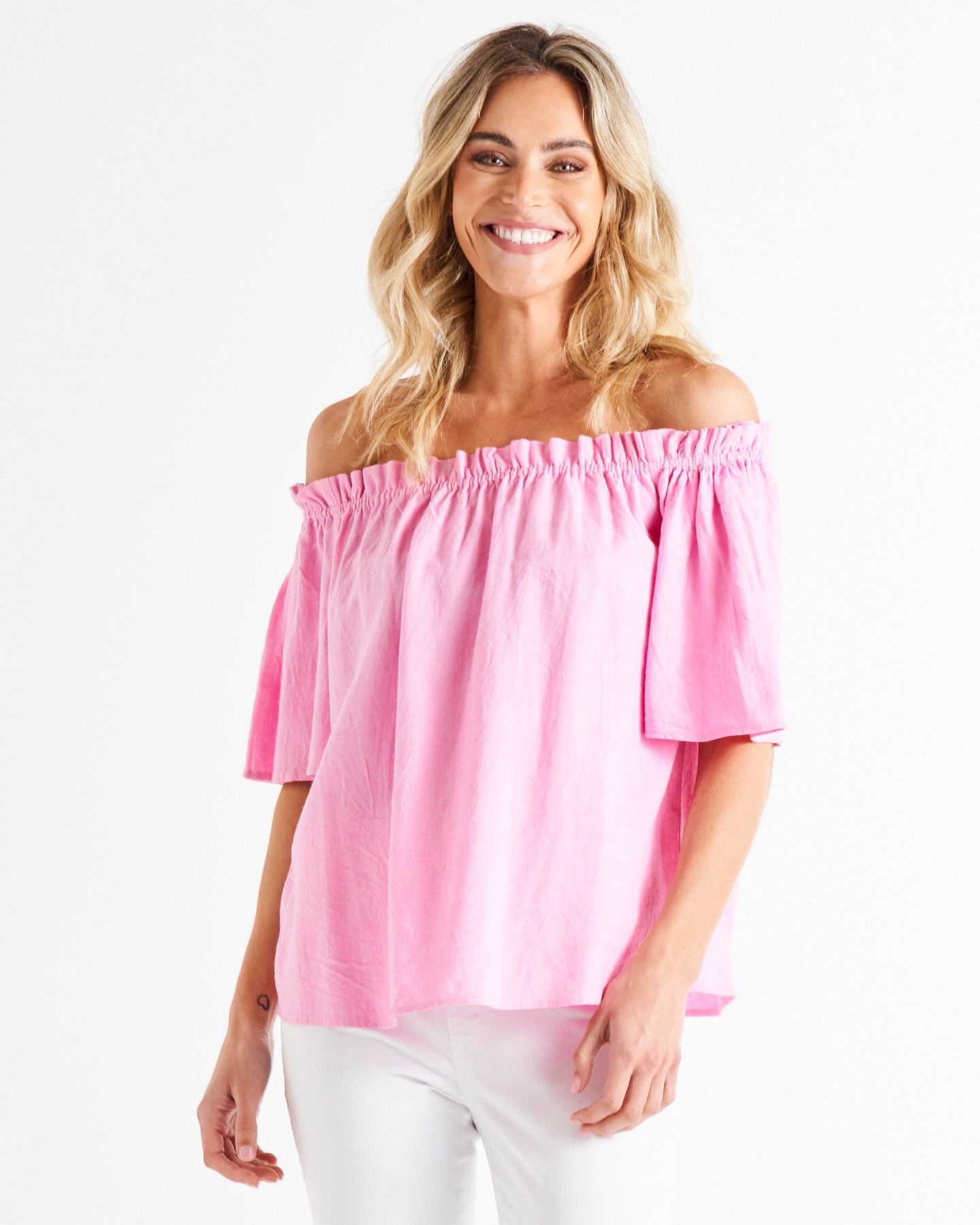 Jessica Off Shoulder Short Flutter Sleeve Linen-Blend Top - Prism Pink