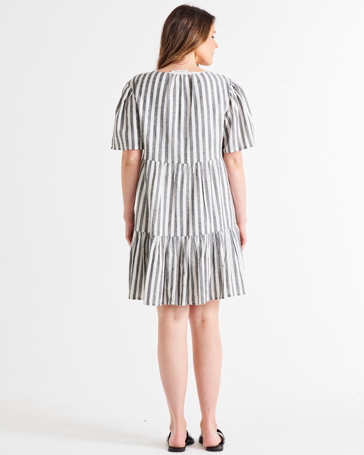 Amara Relaxed Tiered Linen-Blend Above-Knee Dress - Black/White Stripe