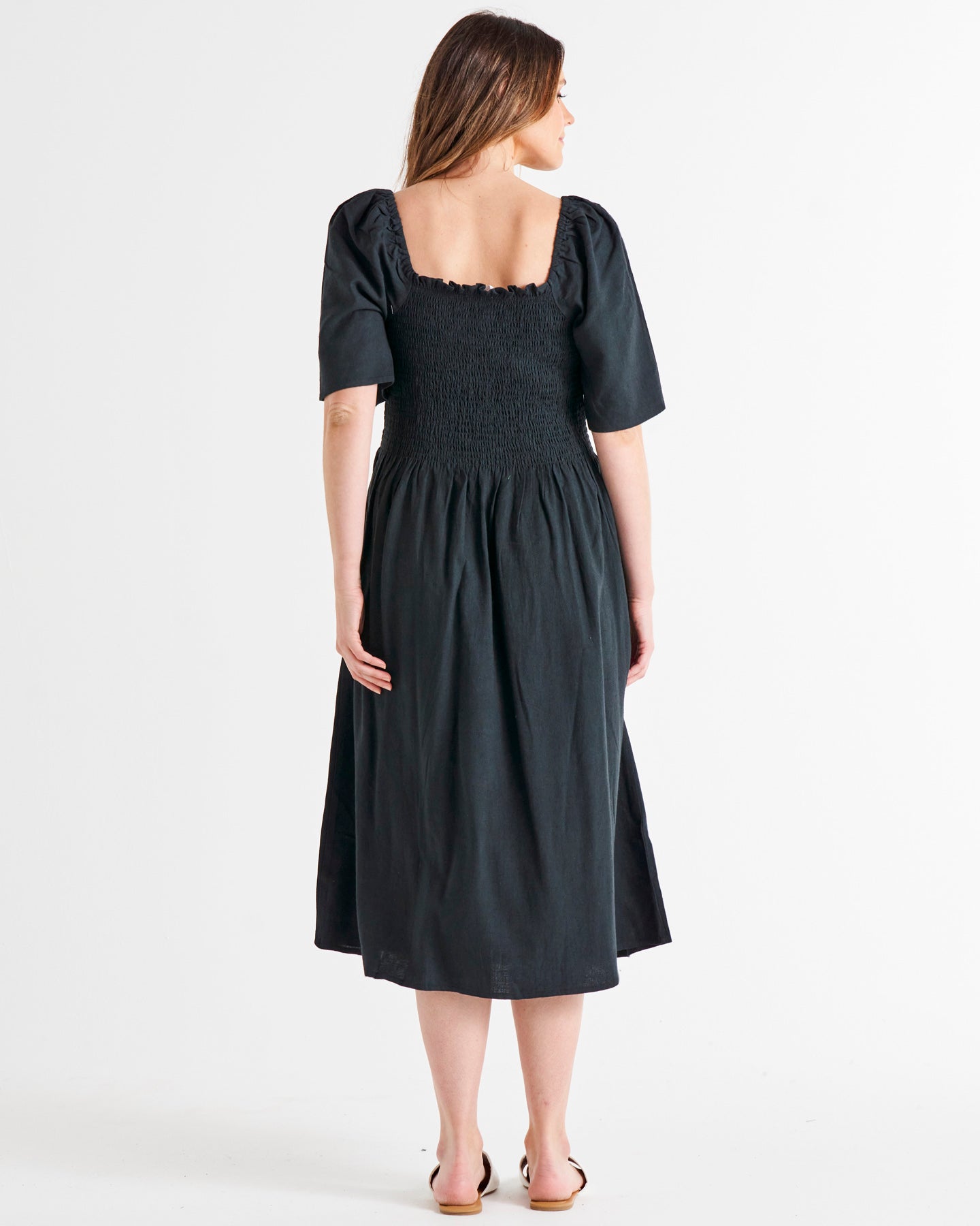 Ingrid Off Shoulder Shirred Bodice Linen-Blend Midi Dress - Coal