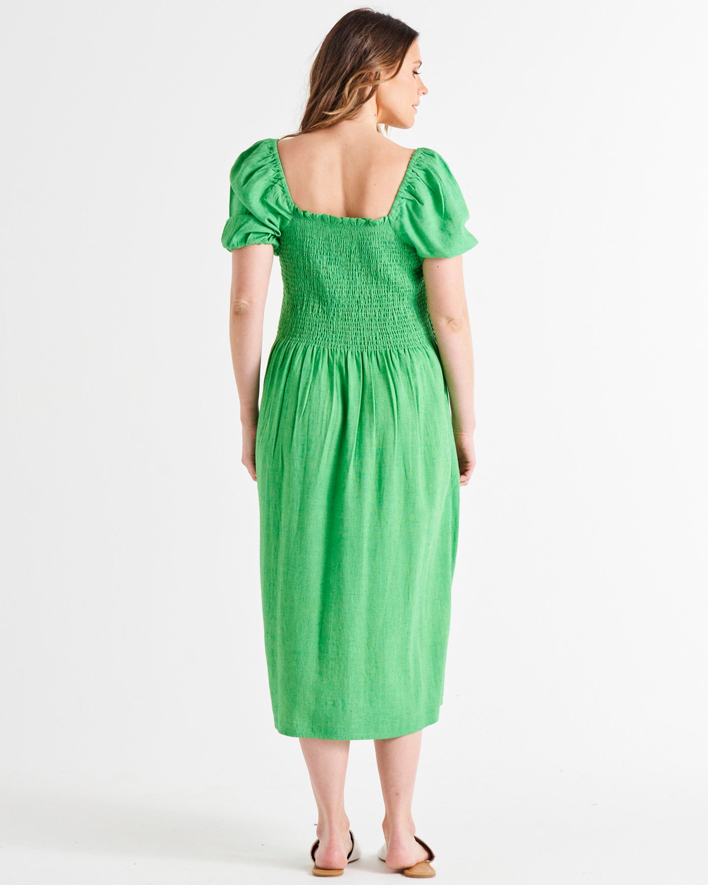 Ingrid Off Shoulder Shirred Bodice Linen-Blend Midi Dress - Bright Green