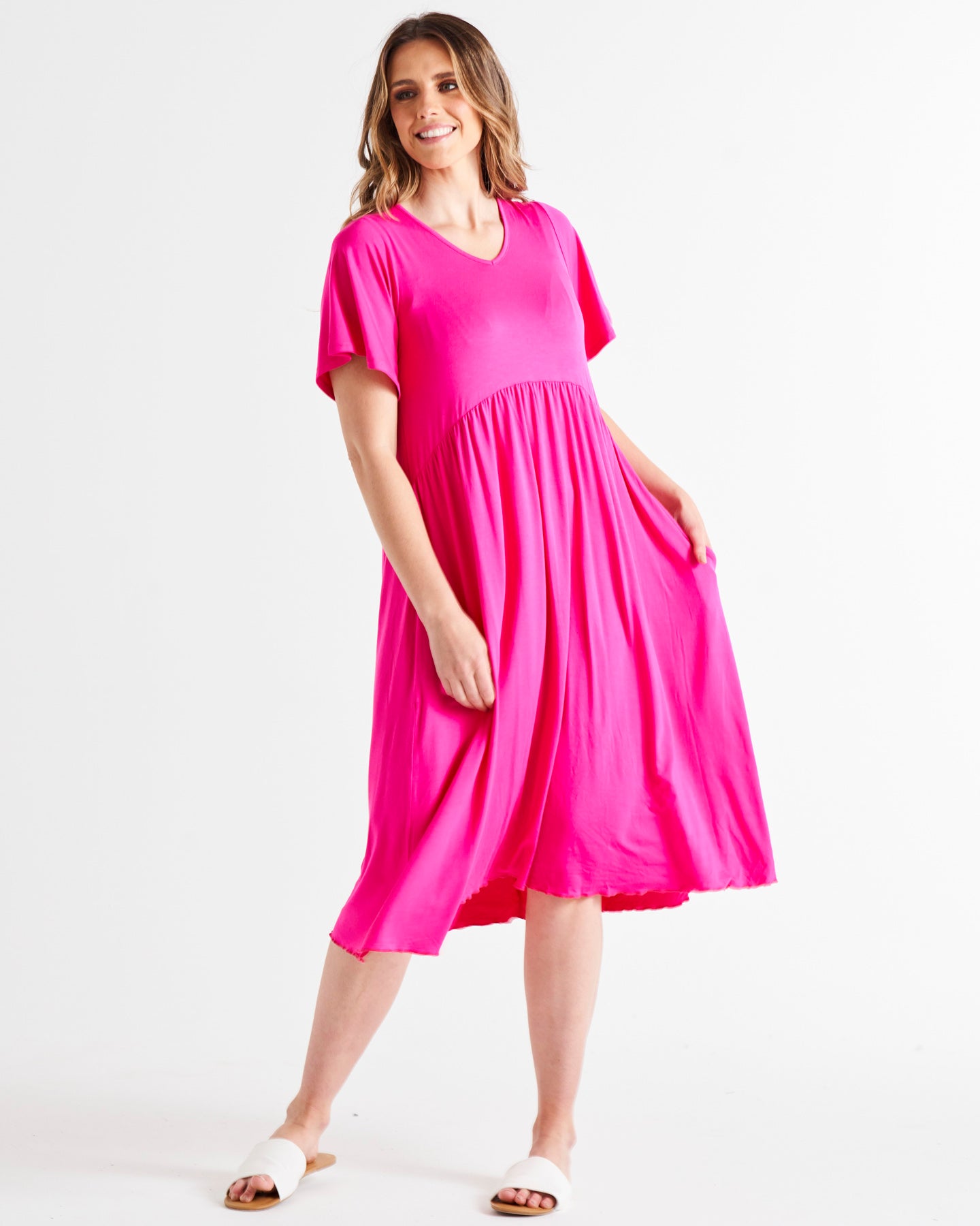 Donna Stretchy Frill Sleeve T-Shirt Dress - Raspberry Pink